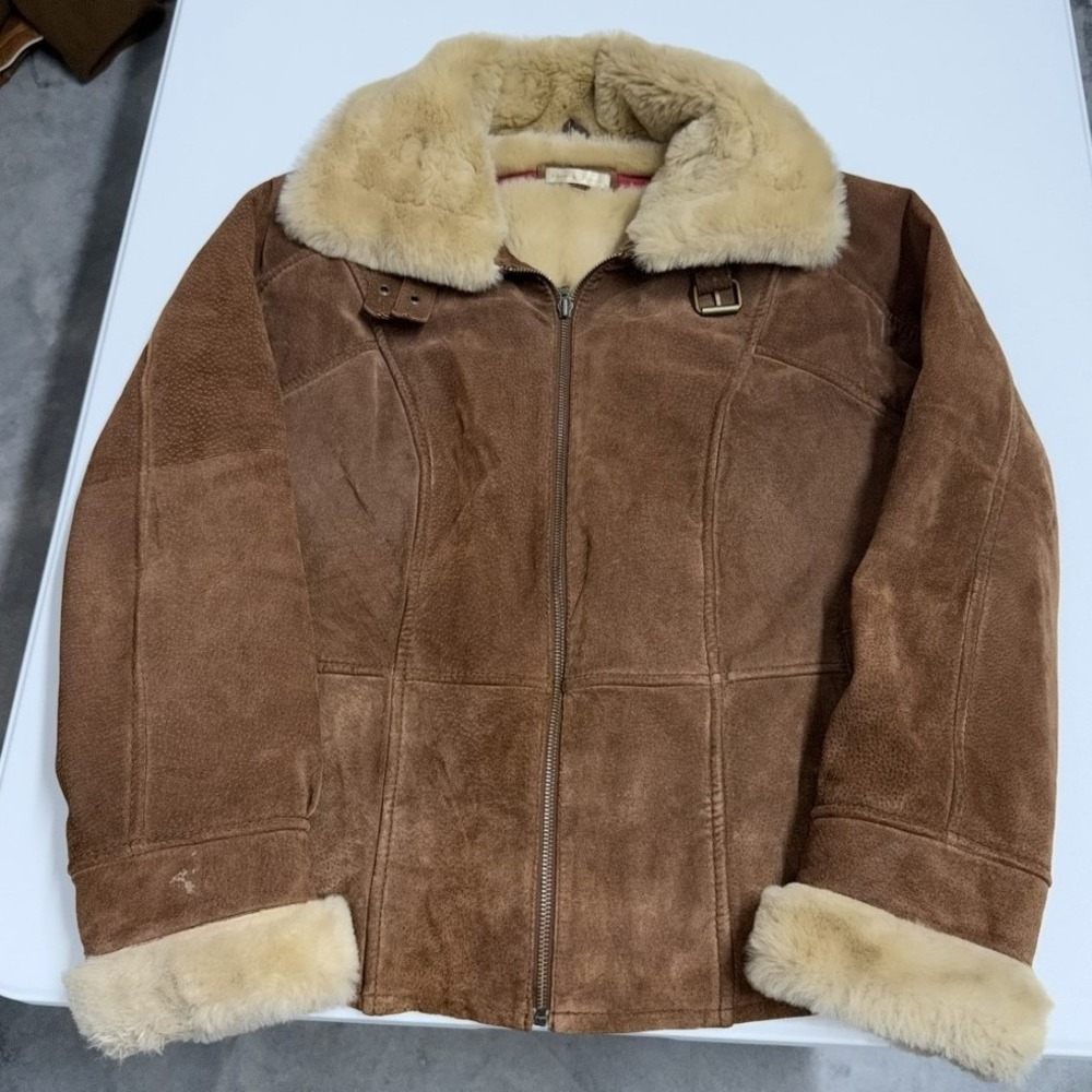 Wilson Leather Suede Leather Jacket Women L Brown Excellent Faux Fur Trim Zip Up